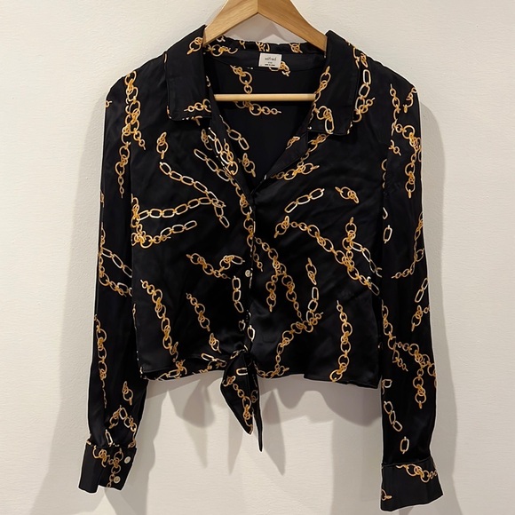 Wilfred Silk Chain Print Tie Front Blouse Black XXS - Picture 2 of 9